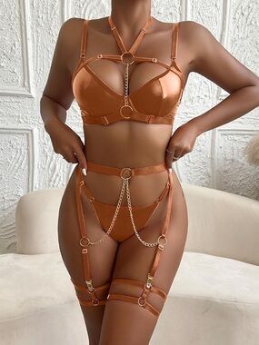Satin Strappy Lingerie Set in Copper